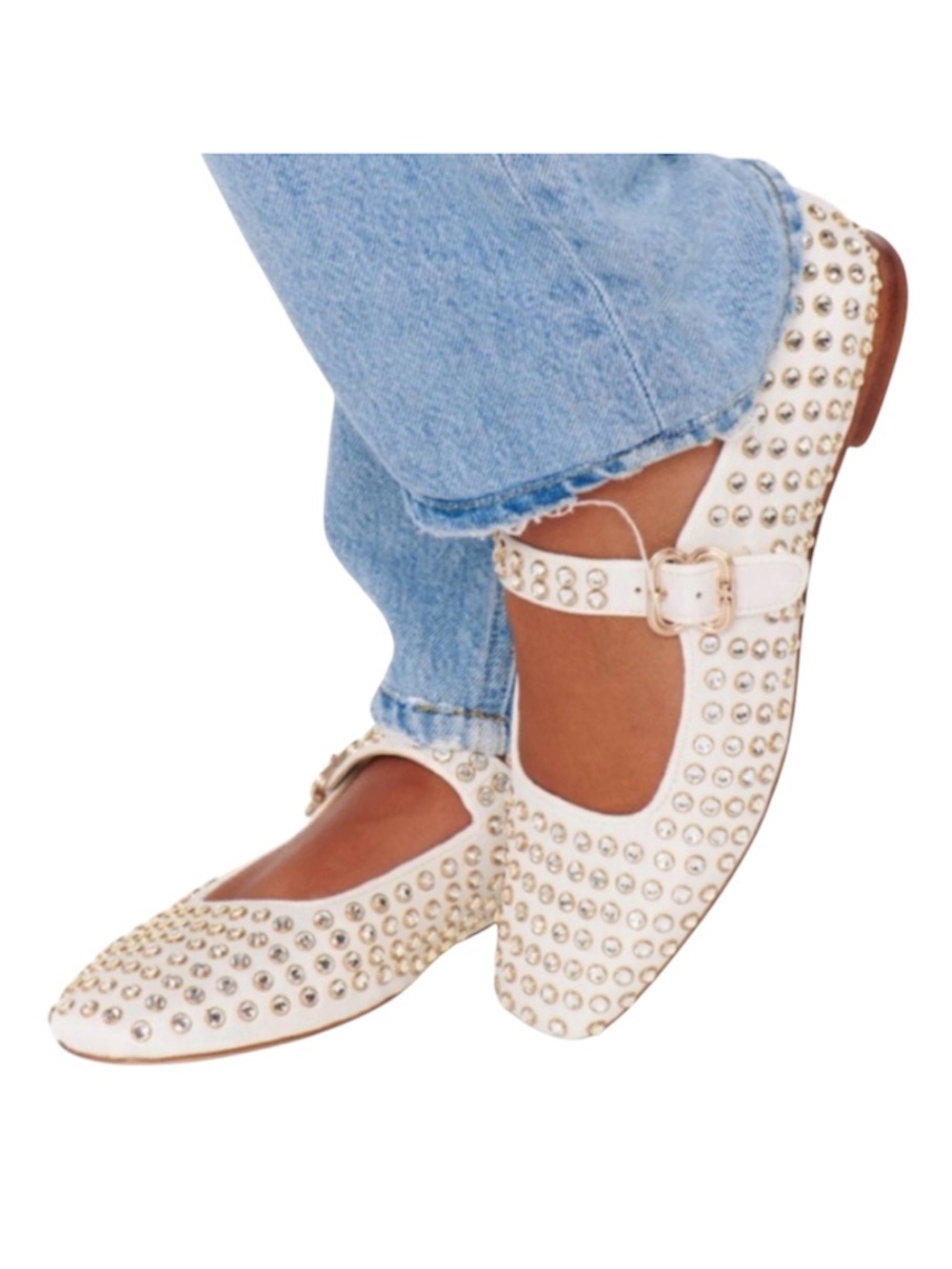 Camila Coelho Studded Crystal Mary Janes Ivory Gold Buckle Shoes Size 8.5